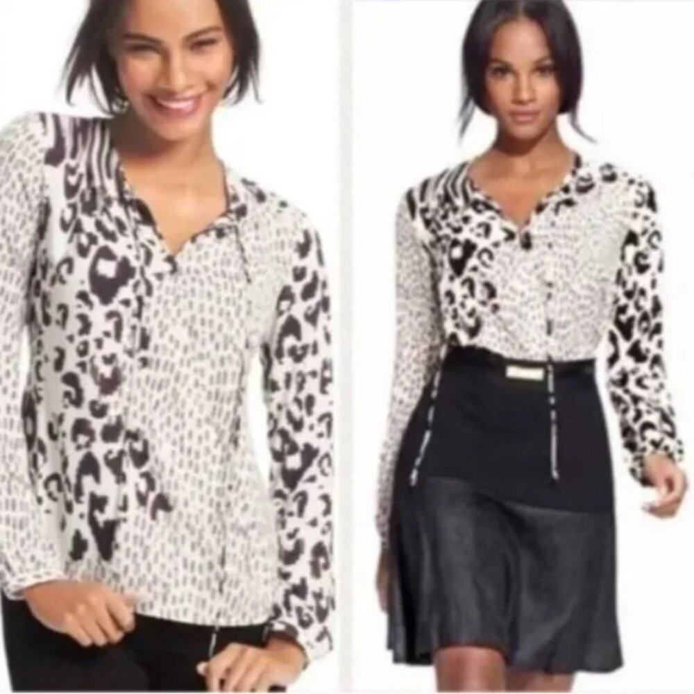 CAbi Animal Print Brown White Wrap Blouse Medium Office Siren Feminine Girly 590